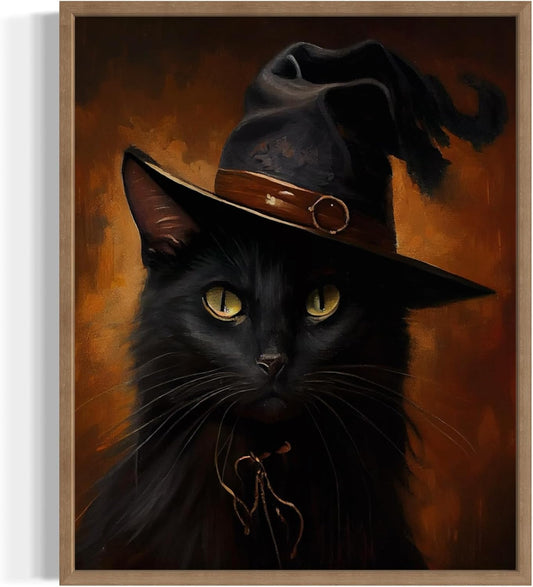 Witch Cat Poster Art Print, Halloween Scary Vintage Wall Art Academia Spooky Painting Decoration for Horror Prints, Gothic Posters Bedroom Decor 89 (Witch Cat, 8 x 10 inches, Wood Frame)