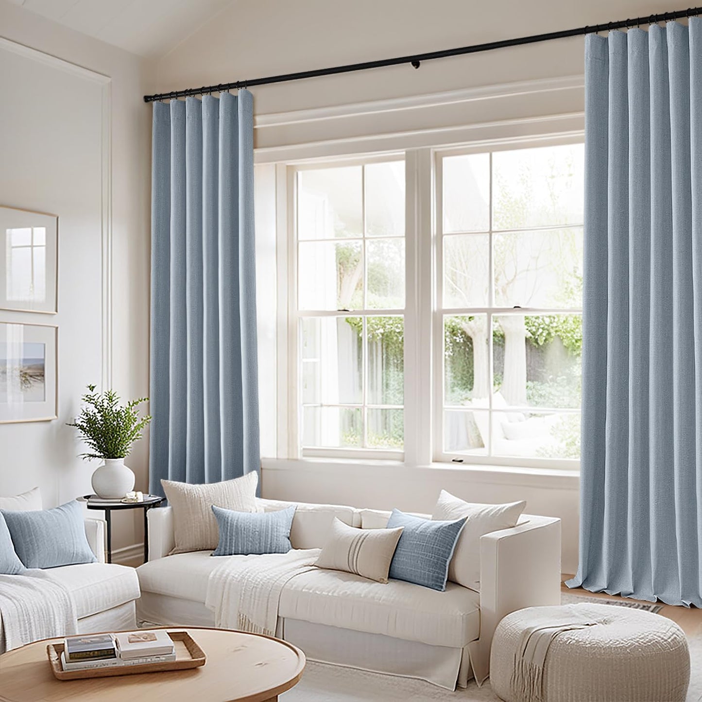 MIULEE 100% Blackout Curtains 96 Inch Long 2 Panels Set for Bedroom, Thick Faux Linen Black Out Curtain Room Darkening Back Tab Pleat Window Textured Drapes with Hooks for Living Room, Chambray Blue