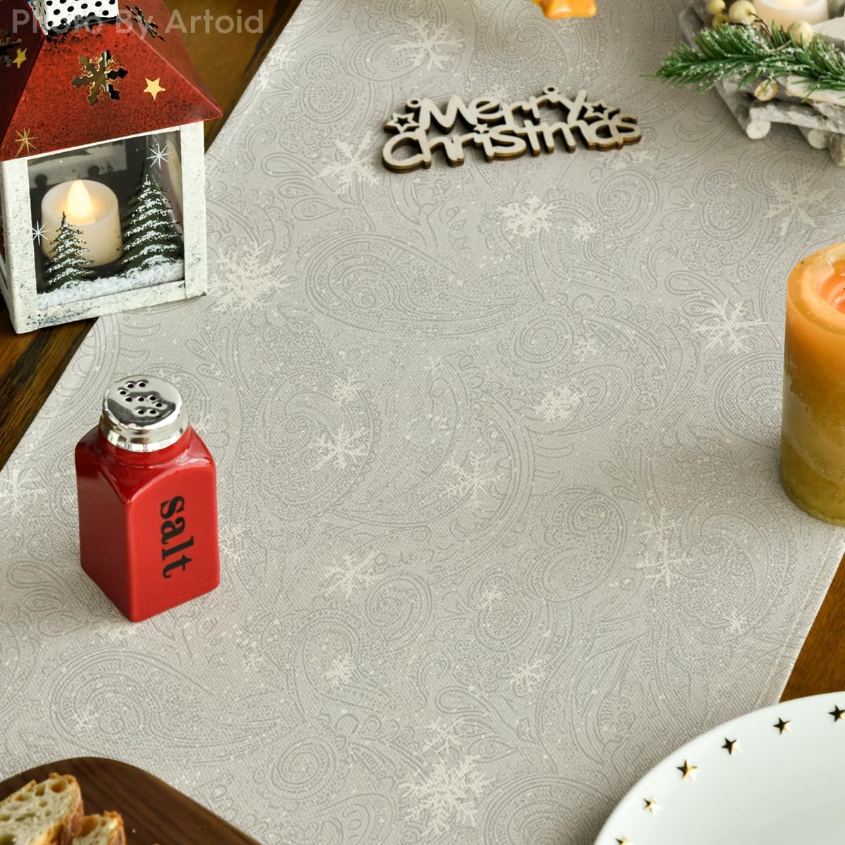 Artoid Mode Snowman Birds Trees Christmas Table Runner, Seasonal Silver Winter Holiday Kitchen Dining Table Decoration for Home Party Decor 13 x 90 Inch