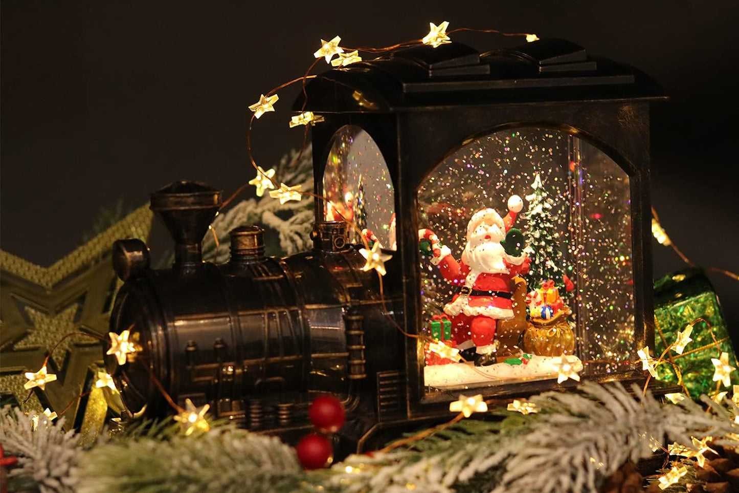 GenSwin Lighted Christmas Snow Globe Lantern, Battery Operated Santa Claus Musical Train LED Water Glittering with 6H Timer, Christmas Home Decoration Gift(Copper)