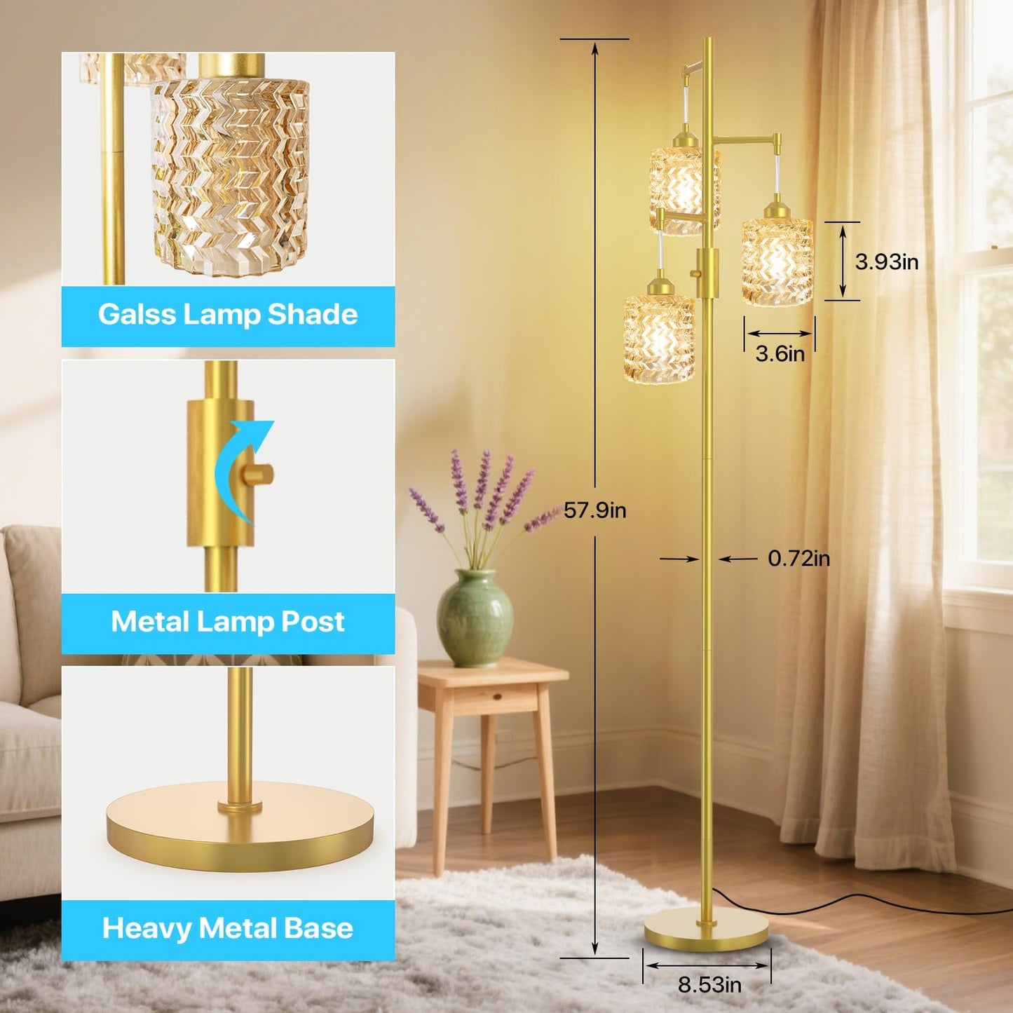 Gold Floor Lamp for Living Room Bedroom, 3-Light Vintage Standing Lamp Stained Glass, Mid Century Modern Tall Floor Lights, Amber Glass Shade with Golden Base