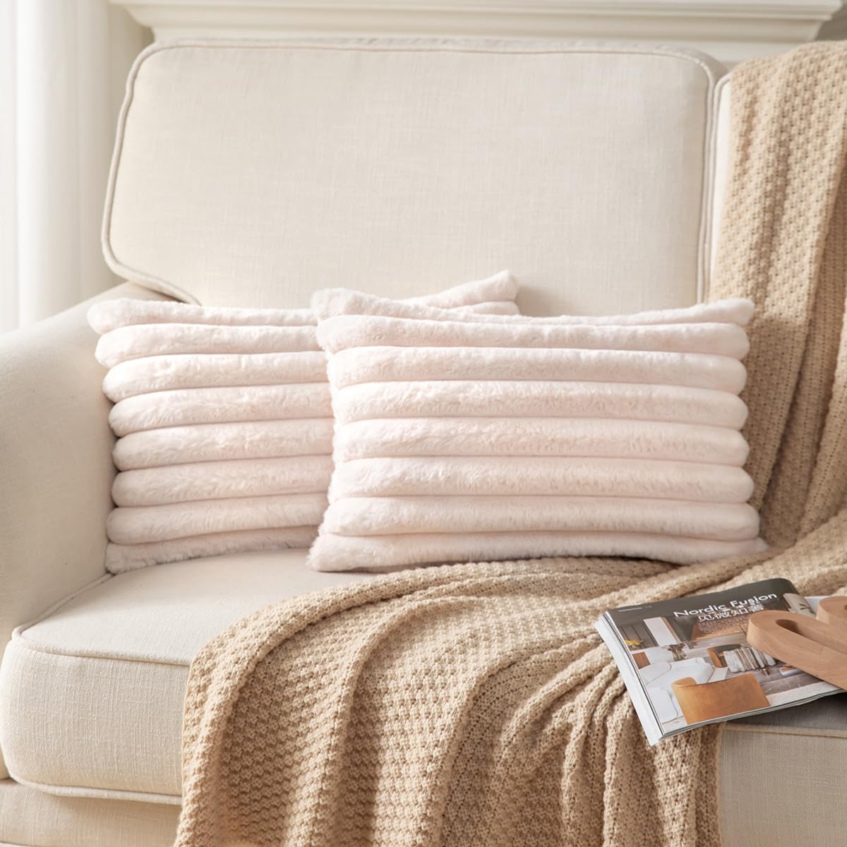 DEELAND Pack of 2,Double-Sided Faux Fur Plush Decorative Throw Pillow Covers Fuzzy Striped Soft Pillowcase Cushion Covers for Sofa Couch Bedroom Beige 12x20 inch