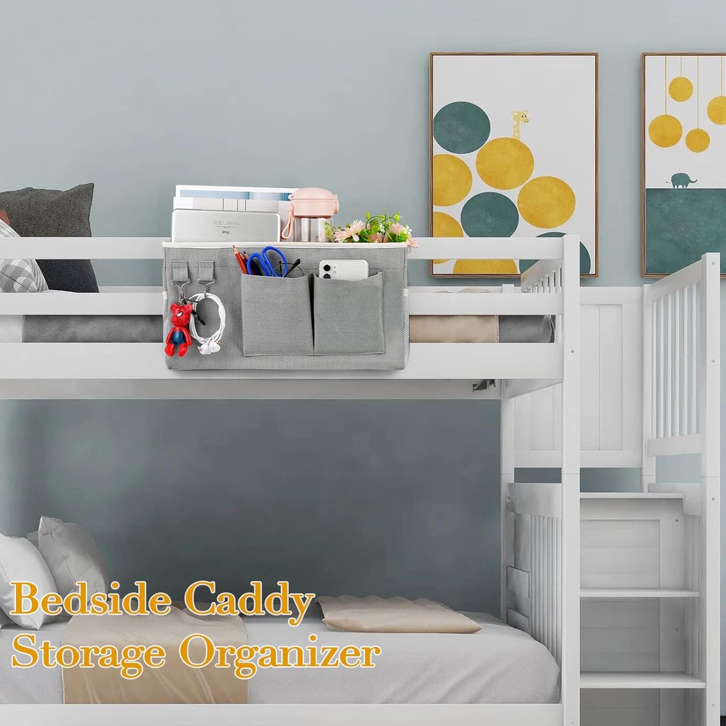 Bedside Storage Caddy/Bedside Hanging Storage Bag for Headboards Bunk Beds Dorm Rooms Book Phone Magazine Holder (2PC Grey)