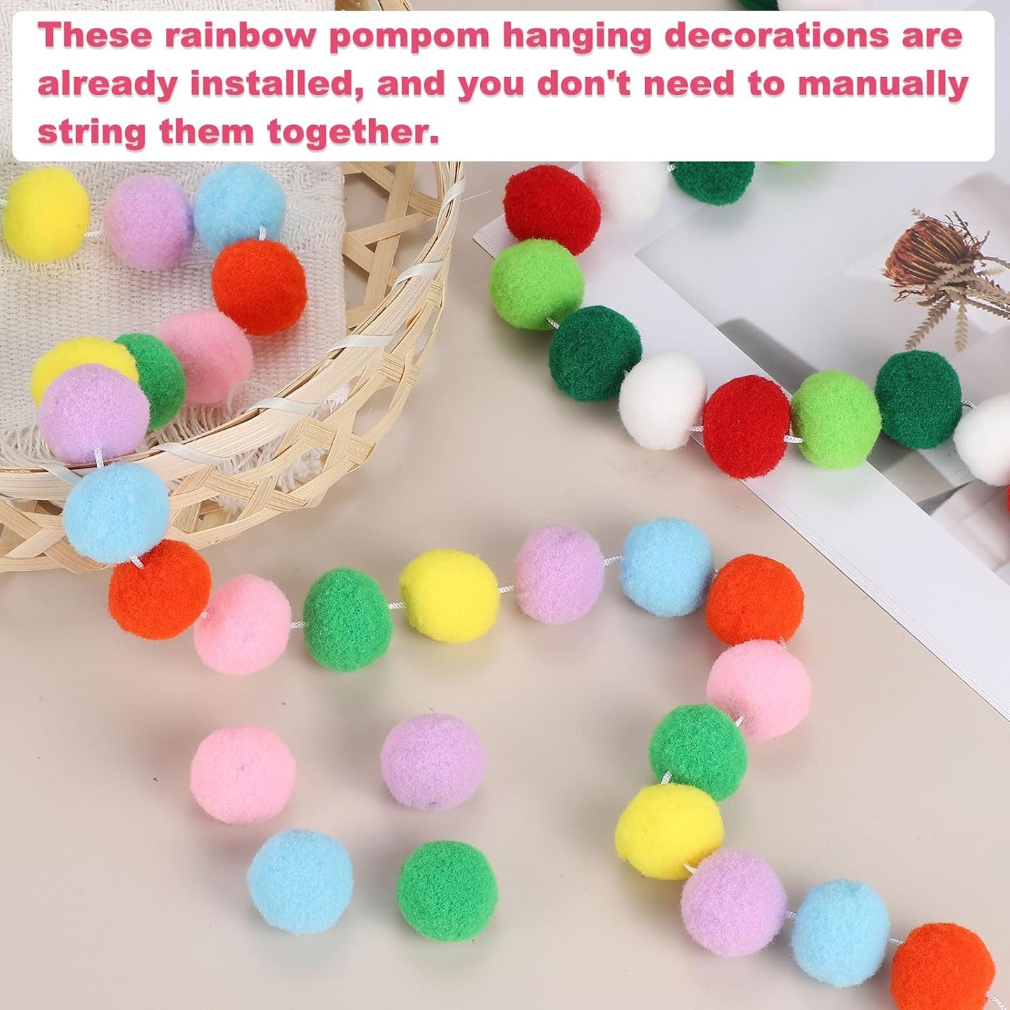 PATIKIL 26Ft Pom Pom Garland Decorations, 4Pcs Colorful Felt Ball Garland Banner Cute Rainbow Pompom Hanging Decorations for Tree Ornaments Homes Decor, Red/Green/White