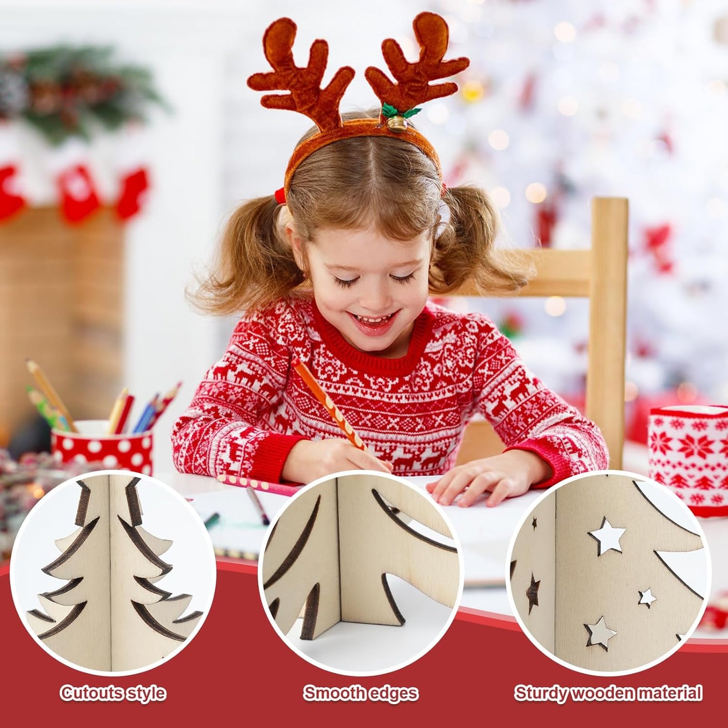 COCHIE DIY 3D Christmas Tree Wood Crafts to Paint for Kids Adults, Paintable Unfinished Wooden Slices for Craft, Xmas Trees Cutouts Ornaments for Painting Decorations (24 PCS)