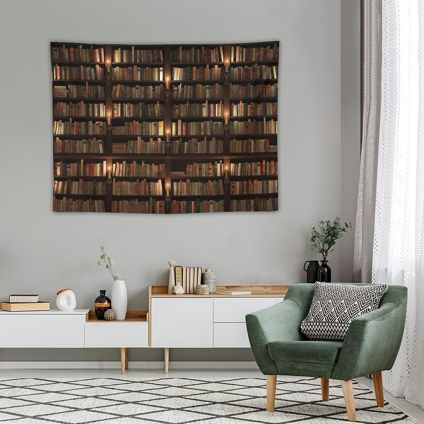Kurtect Bookshelf Tapestry,Retro Library Bookcase Antique Mid Century Pattern Print Tapestries for Party Beach Picnic Blankets Tablecloths Living Room Wall Deocr, 30x40 in