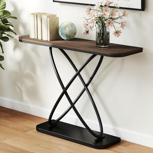 BECHAEO Farmhouse Narrow Console Table for Living Room, 47.4" Rustic Narrow Entryway Table, Sofa Tables Behind The Couch, Industrial Wooden Accent Tables for Hallway, Foyer Walnut