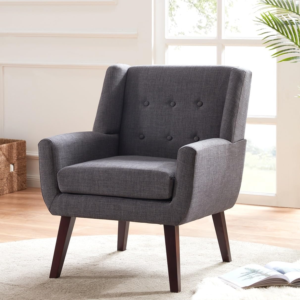 HUIMO Accent Chair Living Room Chair, Upholstered Button Tufted Armchair, Linen Fabric Sofa Chairs for Bedroom, Living Room, Mid Century Modern Comfy Reading Chair (Grey)
