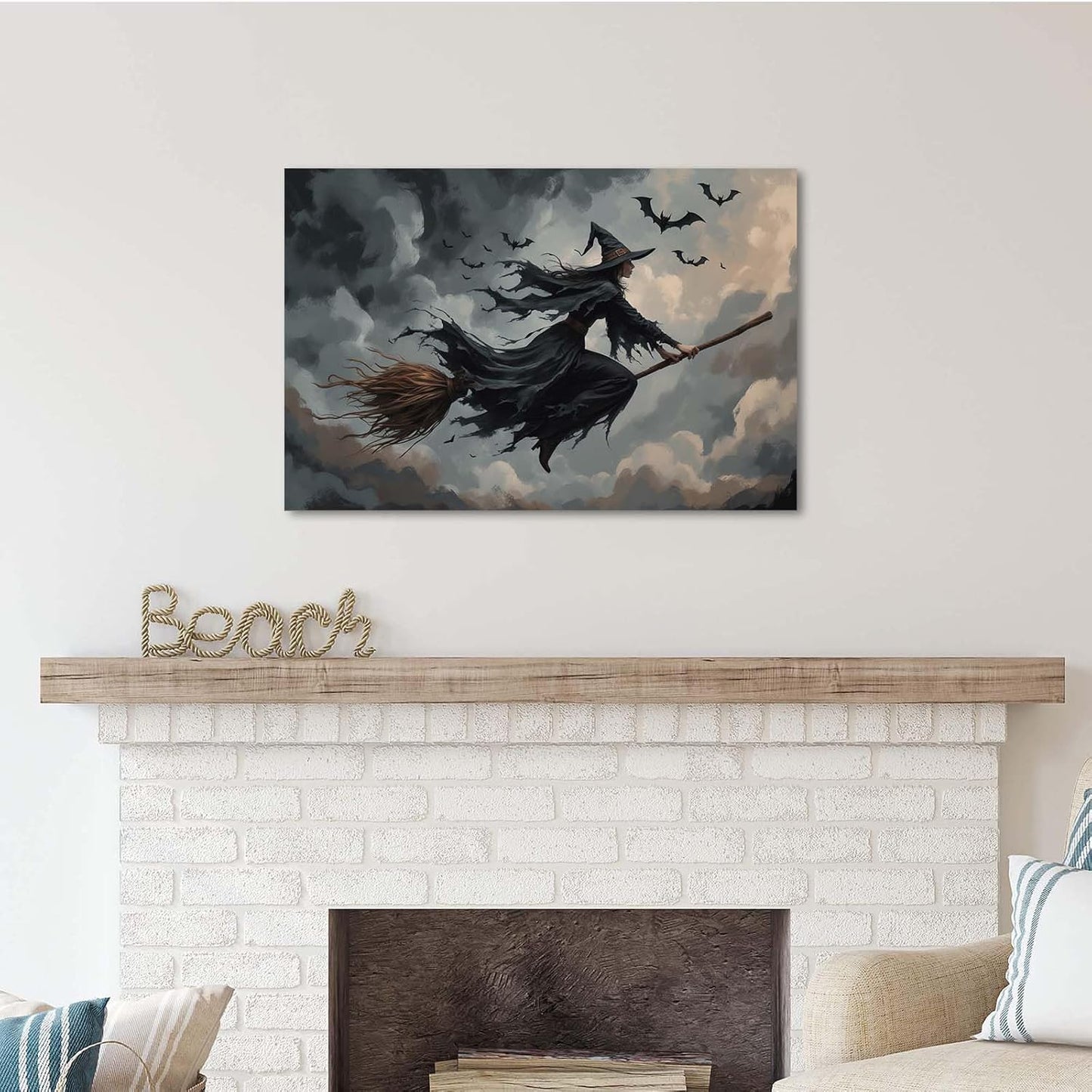 JFHCQJPK Witch and bat flying Halloween poster suitable for home party wall decoration retro Halloween preppy style wall art canvas print suitable for room decoration12x16in Frameless