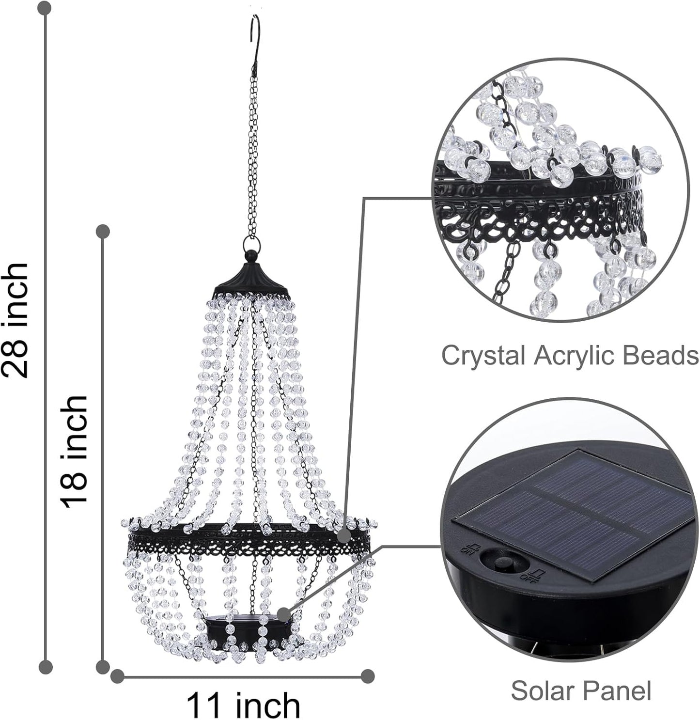 Hanging Solar Chandelier Outdoor, 30 Blue Lights Acrylic Clear Beaded Chandelier with S Hooks Modern Lantern for Garden Yard Patio Gazebo Decorations, 28”H