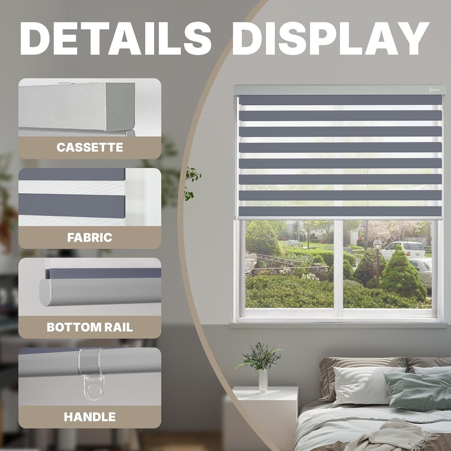 HESTIA Cordless Zebra Blinds Light Filtering Roller Shades UV Blocking Blackout Privacy Indoor Window Blind for Home Office Day and Night, Blue Grey,41" W x 54" H