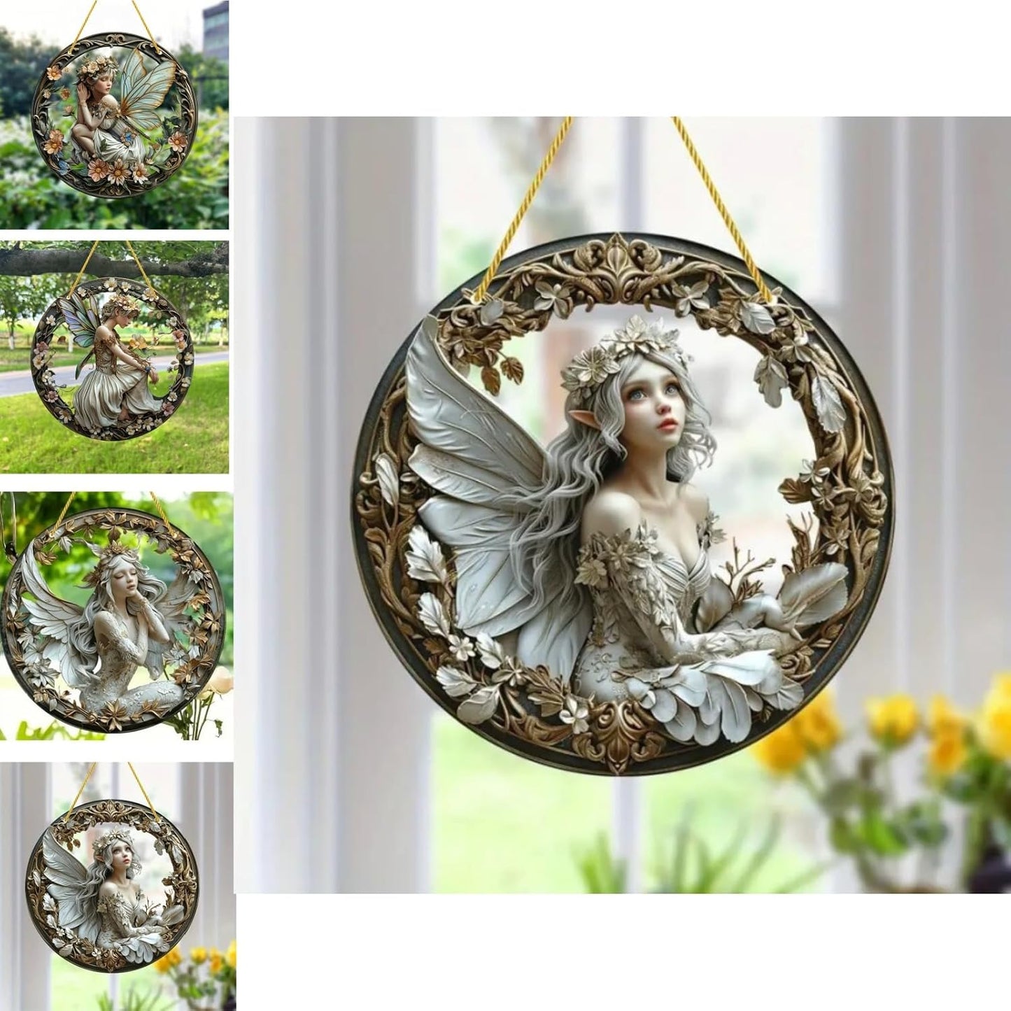 Flower Fairy Garden Decorations Angel Wing Christmas Halloween Deco Statue Art Elf Sculpture Hanging Craft for Outdoor Yard Courtyard Lawn Patio Window Acrylic Ornament Home Gift (D,S: 6*6 IN)