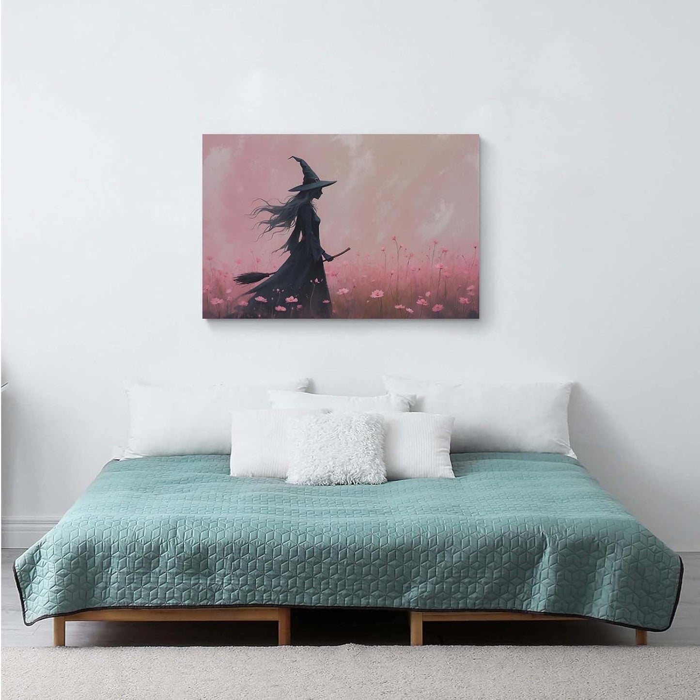 JFHCQJPK Witch in the pink sea of flowers Halloween prints weird flowers wall art silhouette painting fashionable romantic decoration suitable for bedroom28x40in Frameless