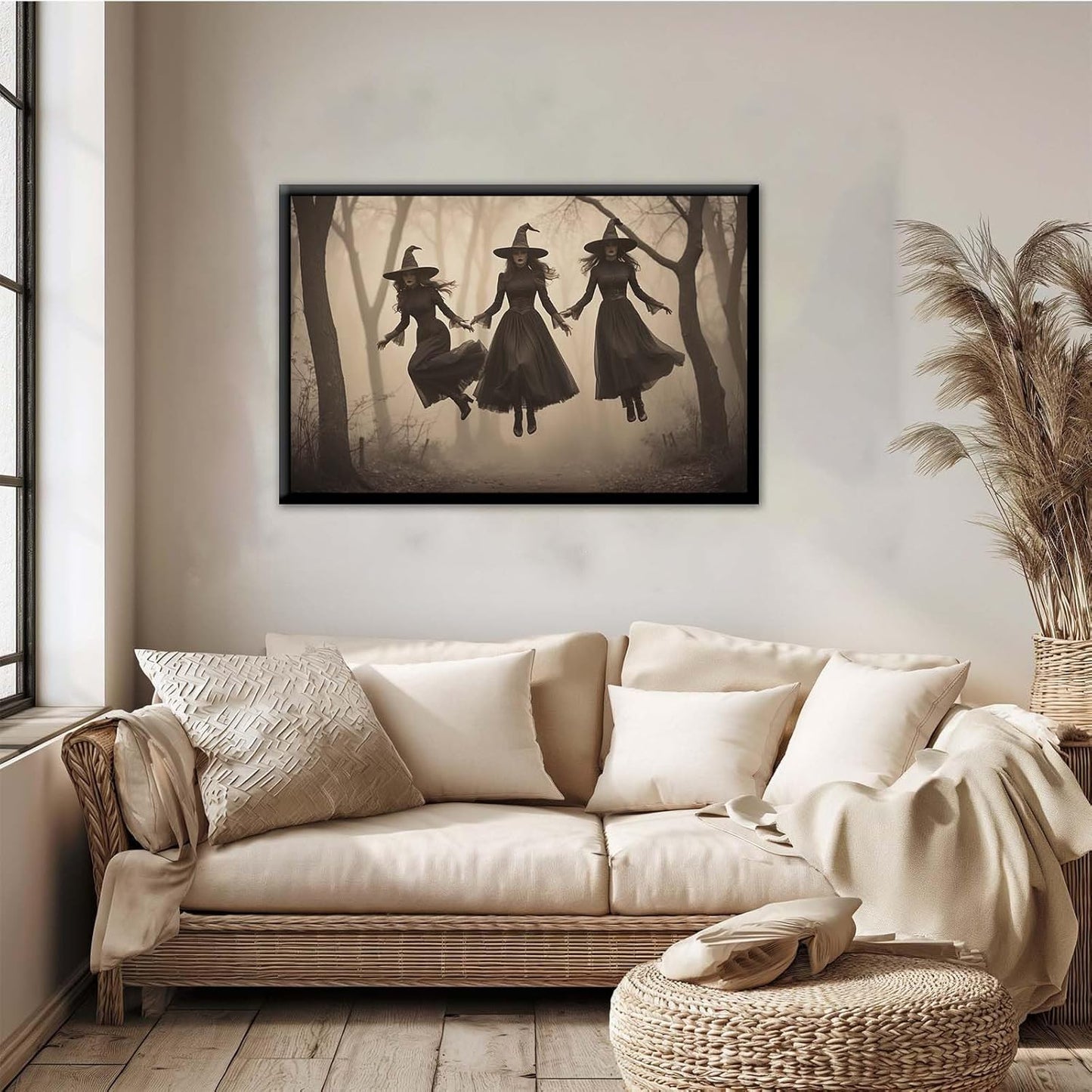 JFHCQJPK Three ghost witches flying in vintage forest gothic wall art witchcraft decoration holiday gift canvas wall art print8x12in Metal blackFramed