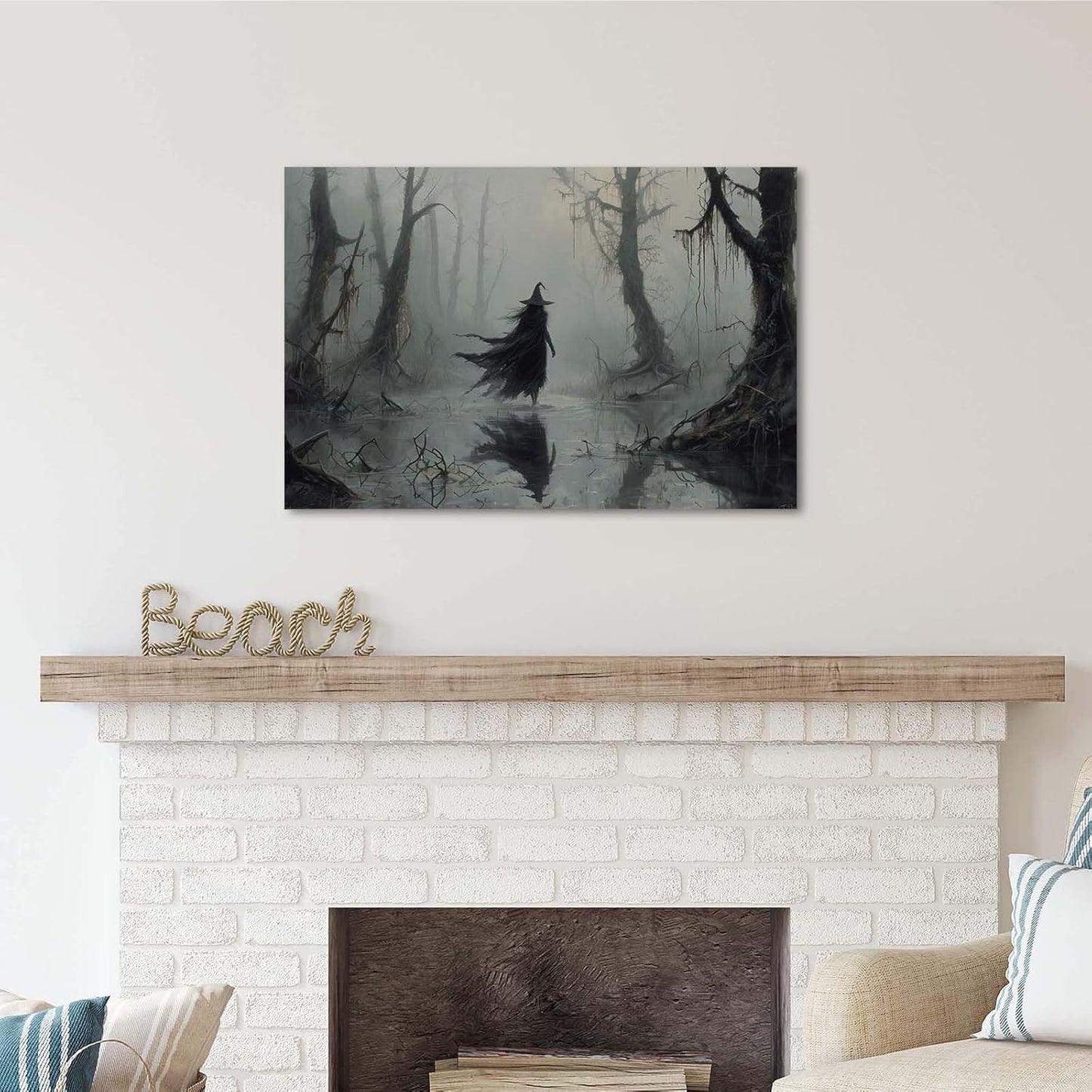 Vintage rustic swamp witch poster dark moody wall art gothic horror season halloween print for home decor retro dark moody painting12x16in Wood Framed