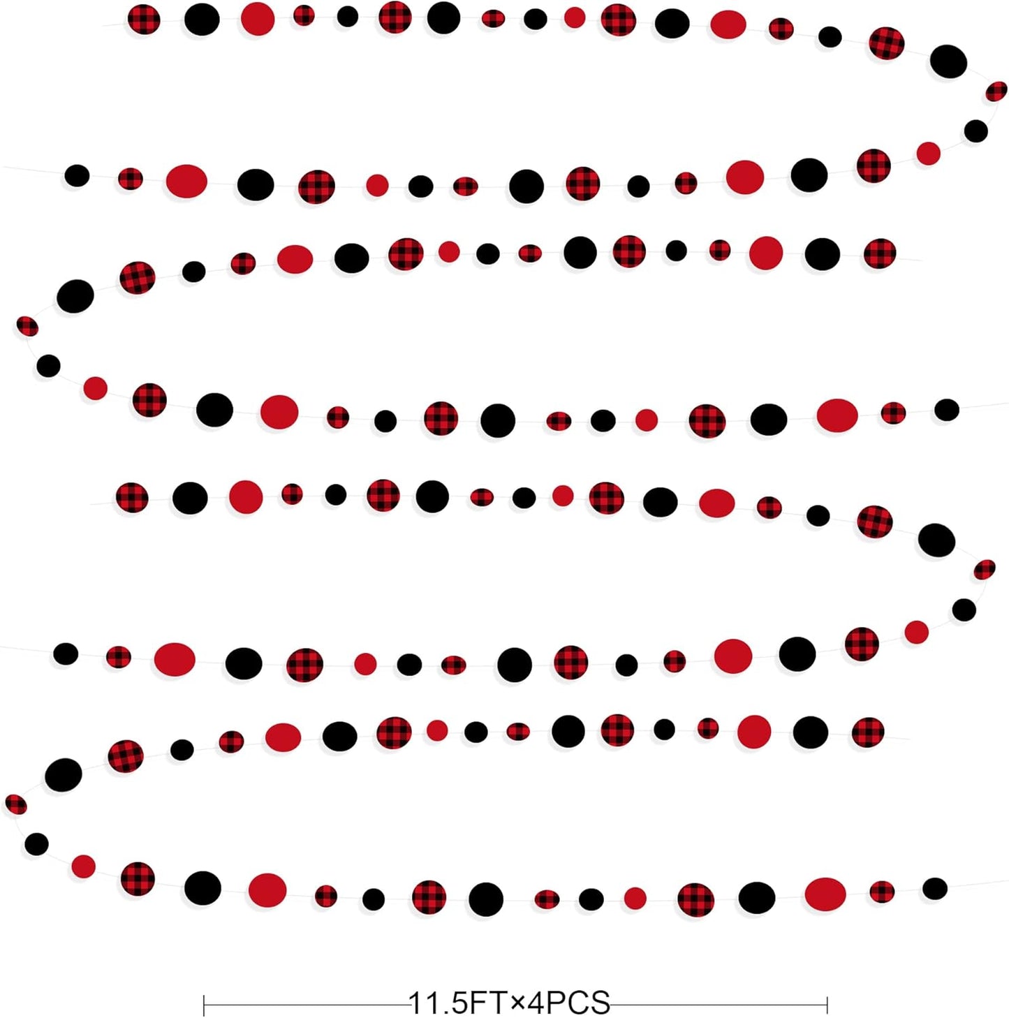 46Ft Buffalo Plaid Polka Dot Garlands Black Red Checkered Paper Circle Dot Streamer Banner for Baby Shower Bridal Shower Birthday Bachelorette Christmas Holiday Halloween Party Decorations Supplies