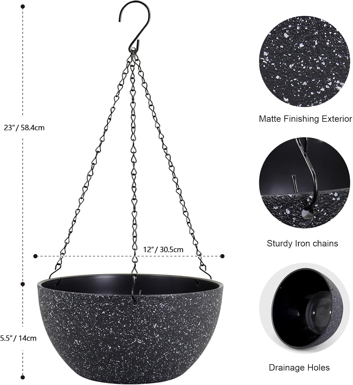 12 inch Large Hanging Planters for Indoor Outdoor Plants, 2 Pack Hanging Flower Pots with Drainage Holes and Chain for Garden Porch, Plastic Hanging Baskets for House Plants, Speckled Black