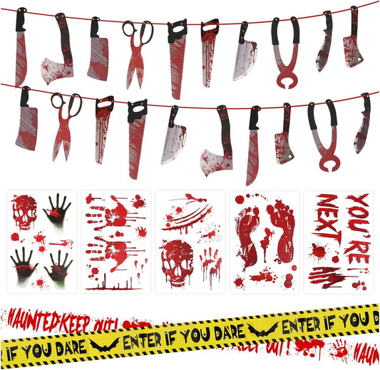 Halloween Decorations, 5 Sheets Wall Decals-Bloody Handprint Stickers, 2 Pack Halloween Banners and 2 PCS Caution Tape Rolls 3inx30ft for Haunted Mansion, Outdoor, Indoor, Party Decor