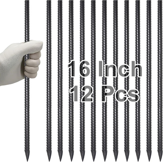 VVOKGO Rebar Stakes 16 Inches Ground Concrete Form Stakes (12pcs), Straight Metal Spikes Heavy Duty with Chisel Point End, 5/16" Diameter Steel Anchors for Fence, Concrete Timber, Garden Plants, Black