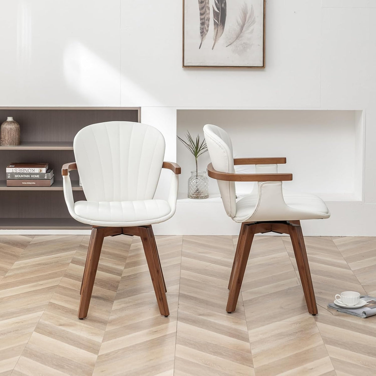 LUNLING Swivel Dining Room Chairs Set of 2,Mid Century Modern White Faux Leather Kitchen Chair with Arms,Bamboo Legs Side Chairs No Wheels,Accent Chair for Dining Rooms and Offices