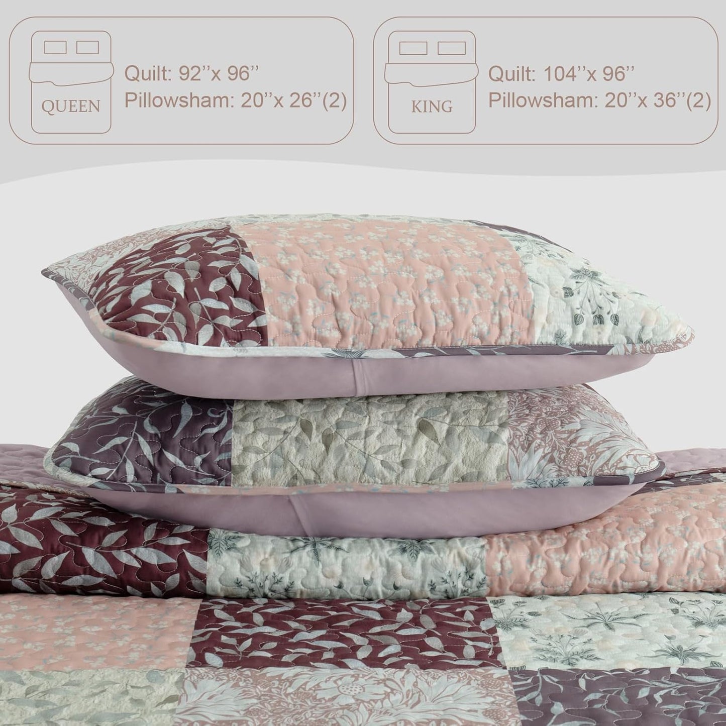 Exclusivo Mezcla Reversible Boho Quilt Set King Size, 3 Pieces Patchwork Brown All Season Bedspreads, Ultra Soft Floral Coverlet Bedding Set with Printed Pattern (1 Quilt, 2 Pillow Shams)