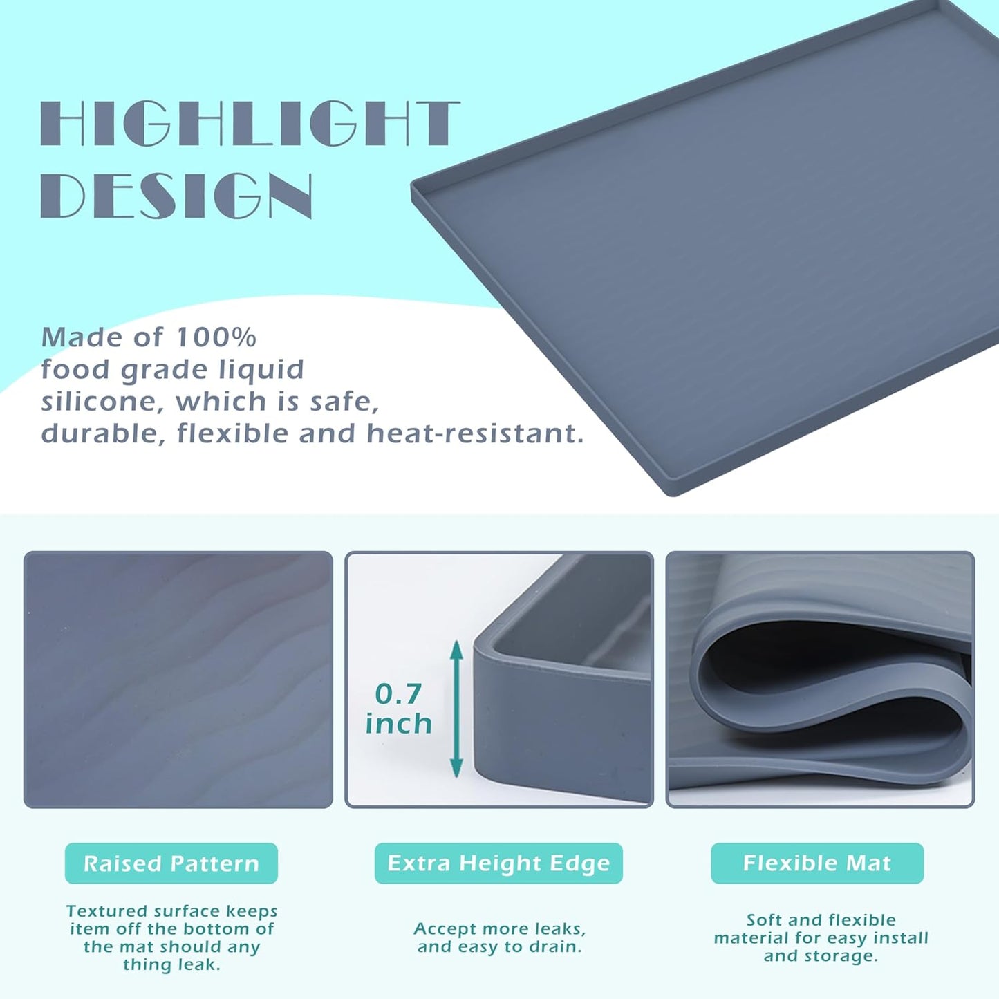 URMONA Waterproof Silicone Under Sink Mat 19'' x 12'' Shelf Liner for Kitchen and Bathroom, Cabinet and Counter Protector, Storage and Organizers, Litter Mat, Pet Cat Puppy Essentials(Dark Grey)