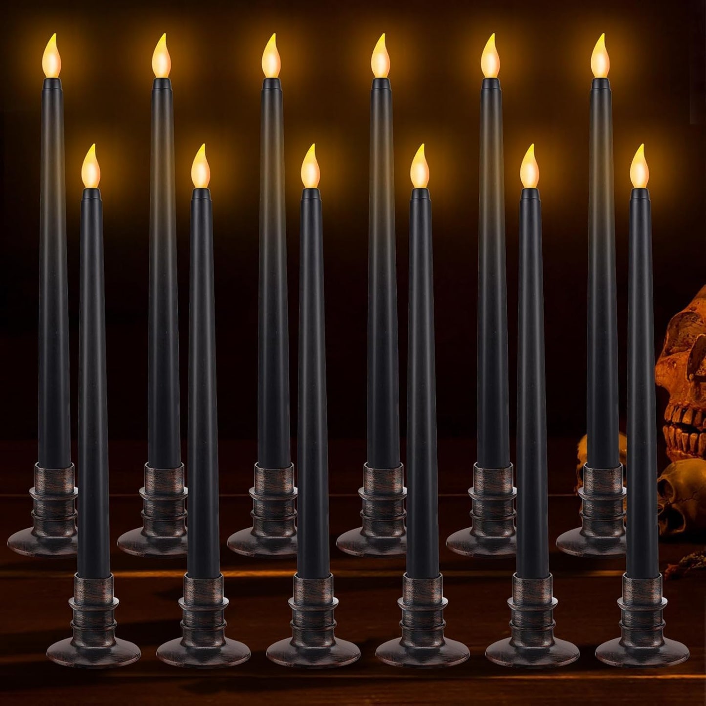 Alphatool 12 Pcs Halloween Black LED Flameless Candles with Bases - Flicker Flame, Tall Taper Smokeless Dripless Candles, Decor for Fireplace Diningtable Bar School