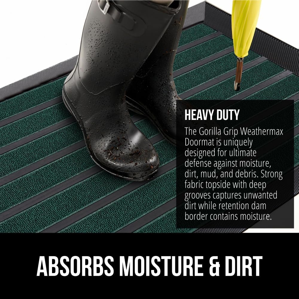 GORILLA GRIP 100% Waterproof All-Season WeatherMax Doormat US Designed Natural Rubber, Stain and Fade Resistant, Low Profile Indoor Outdoor Door Mats, Easy Clean Patio Mat, 17x29, Green Stripe