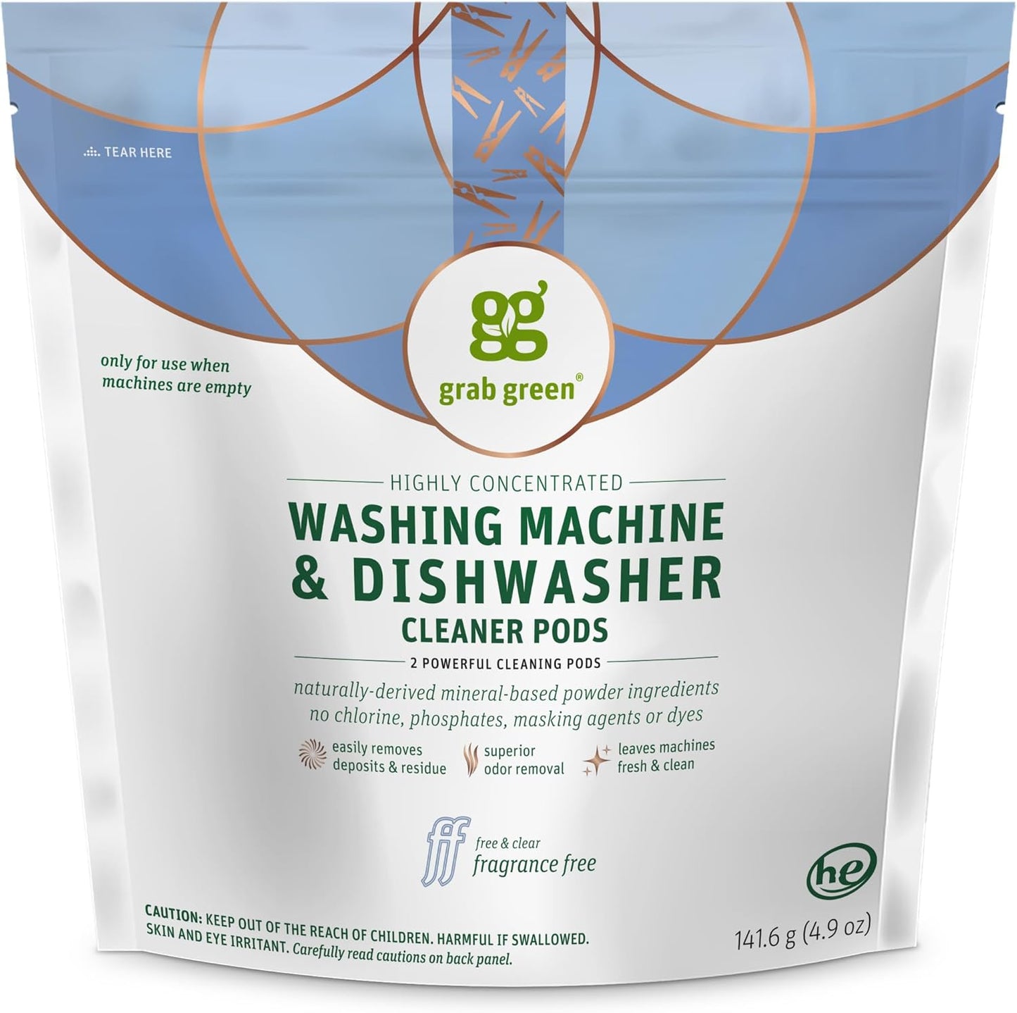Grab Green Washing Machine Cleaner, 2 Count, Fragrance Free, Mineral Based Removes Deposits and Odors, Naturally Cleans