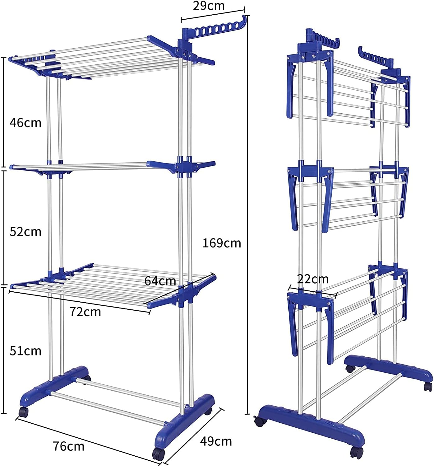 Bigzzia Clothes Drying Rack, Folding Stainless Steel Drying Rack Clothing Indoor Outdoor, Space-Saving, 4 Tier Laundry Drying Rack with Two Side Wings Grey Blue