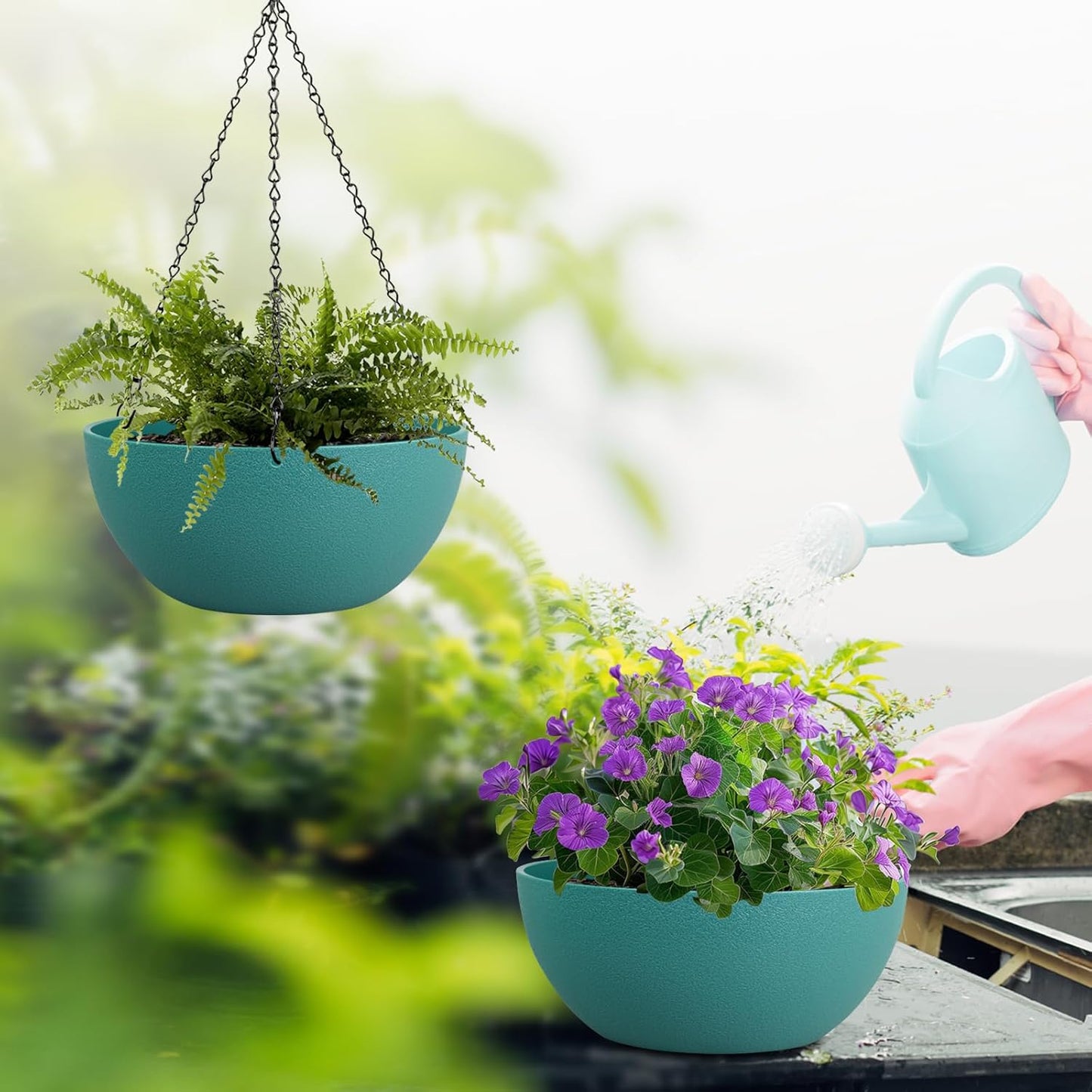 10 inch Hanging Planters for Outdoor Indoor Plants with Drainage Holes and Chain, 2 Pack Round Hanging Flower Pots for Garden Home Porch Decor, Blue Green