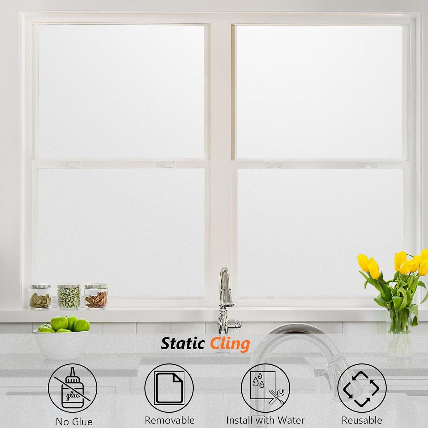 Kromapolis Window Privacy Film Frosted Glass Window Film, Heat Blocking Privacy Film for Glass Windows, Static Cling Non-Adhesive Frosting Window Stickers for Door Home (Frosted, 35.4 x 157.4 inch)