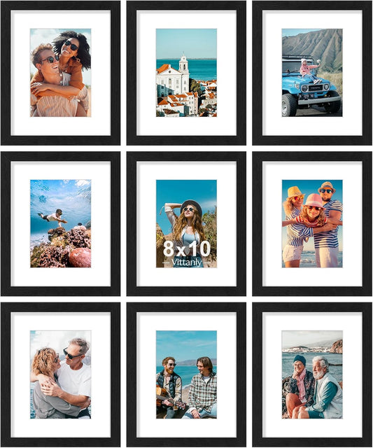 Vittanly 8x10 Picture Frames Set of 9, Shatter Resistant Plexiglass, Display 5x7 Pictures with Mat or 8x10 without Mat, Photo Frames for Wall or Tabletop, Engineered Wood, Black