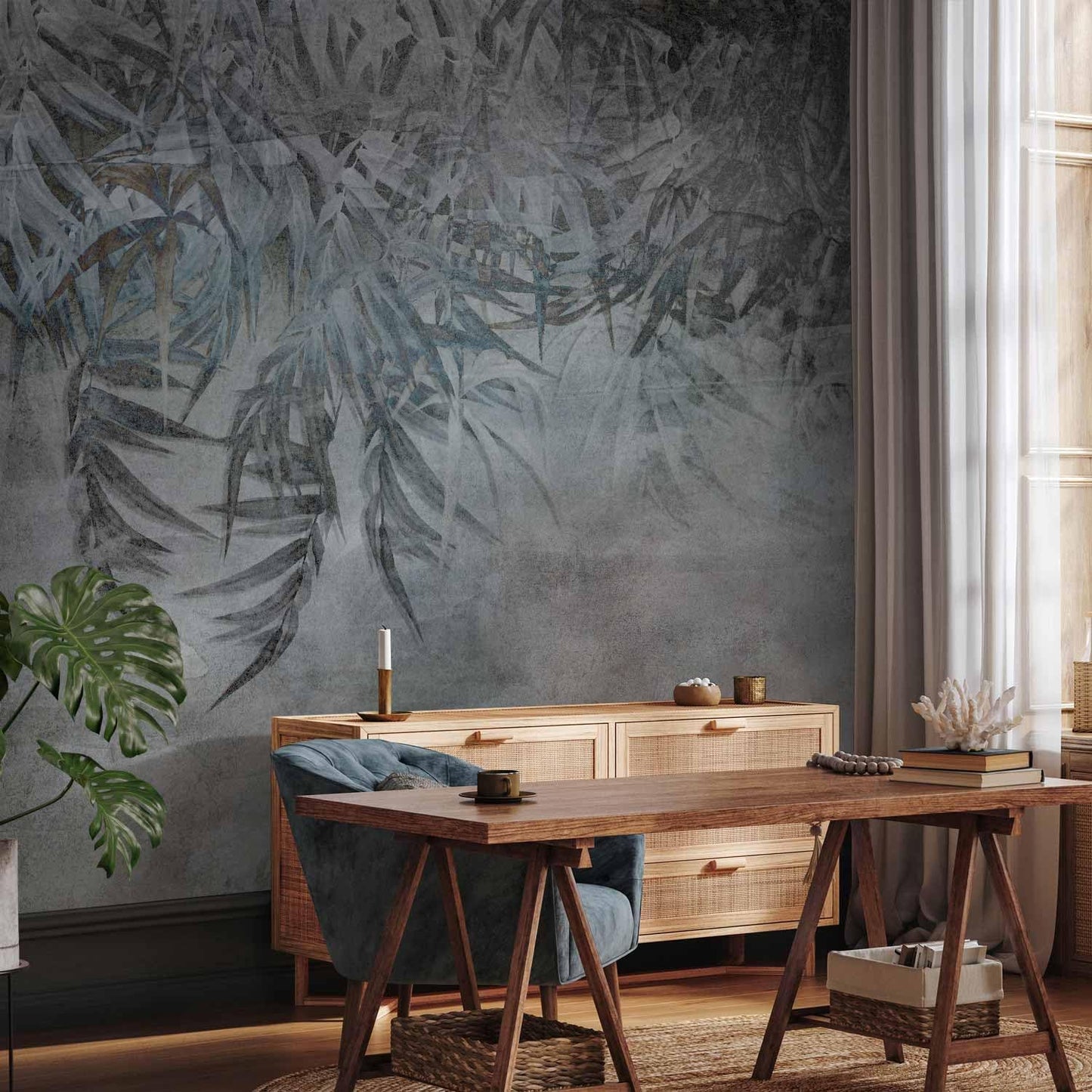 artgeist Premium Wall Mural Leaves 98x69 in - XXL Non-Woven Wallpaper Fleece Wall Decor Photo Print Picture Image Design Palm Leaves Concrete Nature Grey b-C-10103-a-a