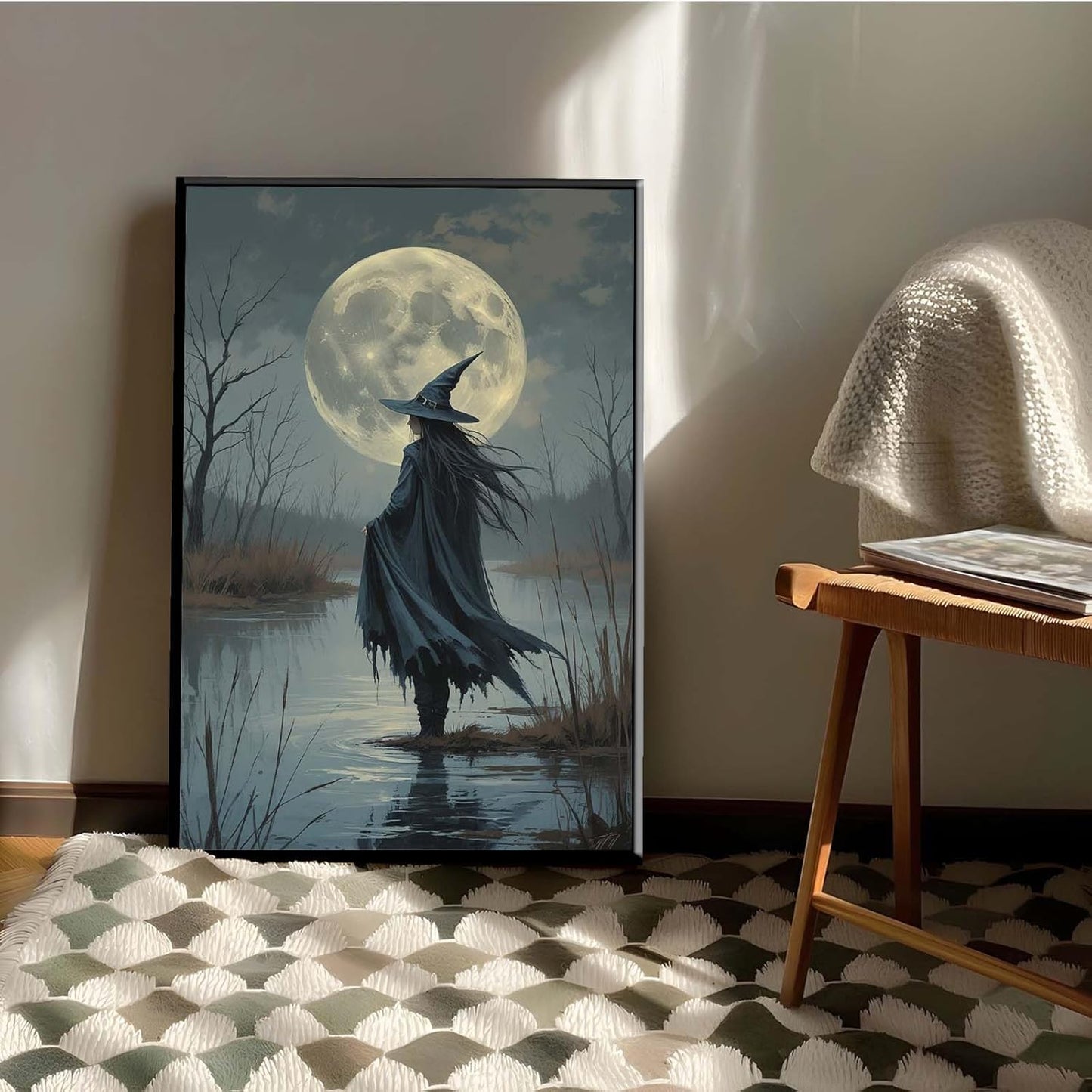 JFHCQJPK Witch in the moonlight magic canvas wall art enchanting Halloween home decor swamp witch silhouette oil painting mysterious gothic aesthetic wall decor print poster8x12in Metal blackFramed