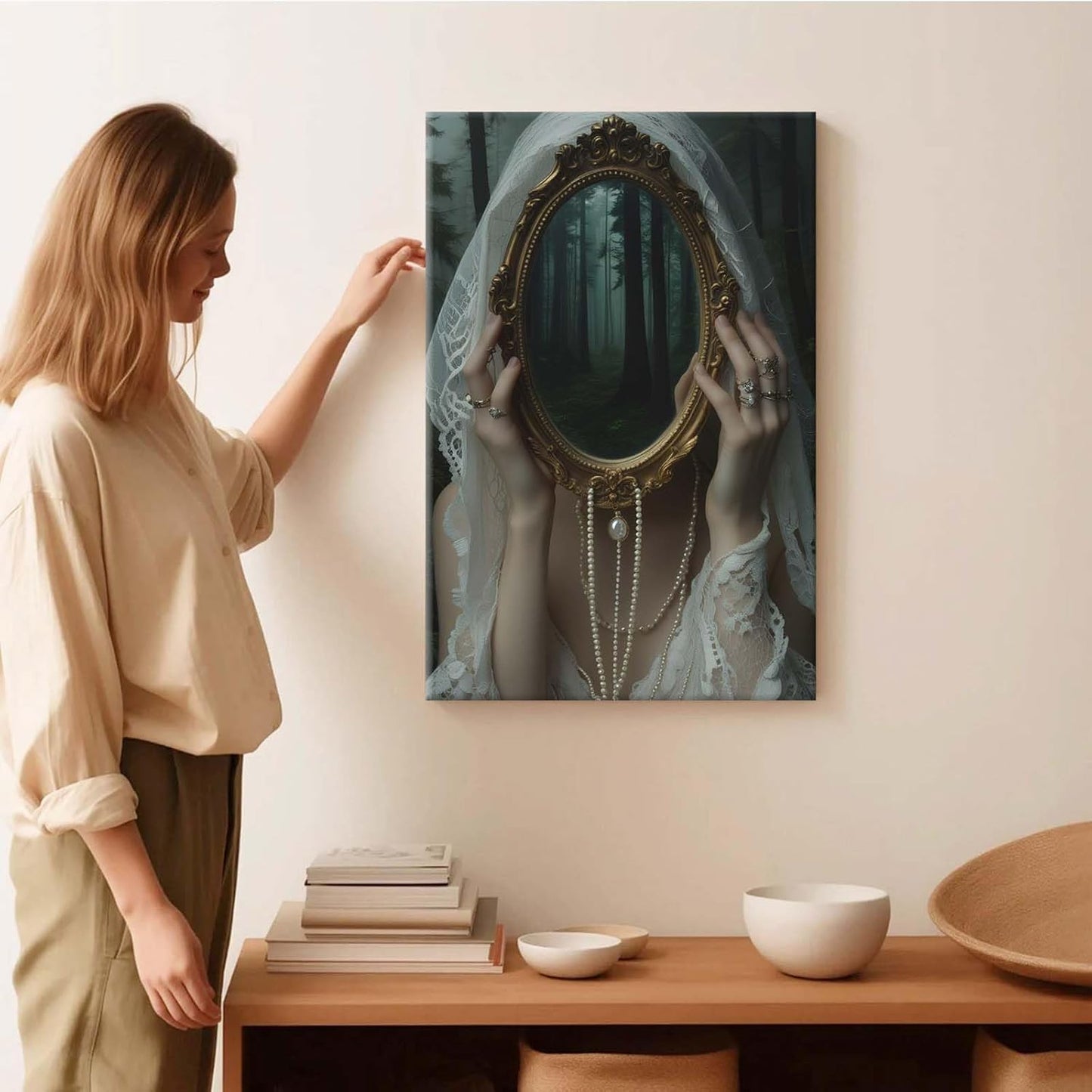 Mirror face covering dark art poster print melancholy gothic painting vintage feminine print victorian style decoration antique art12x16in Frameless