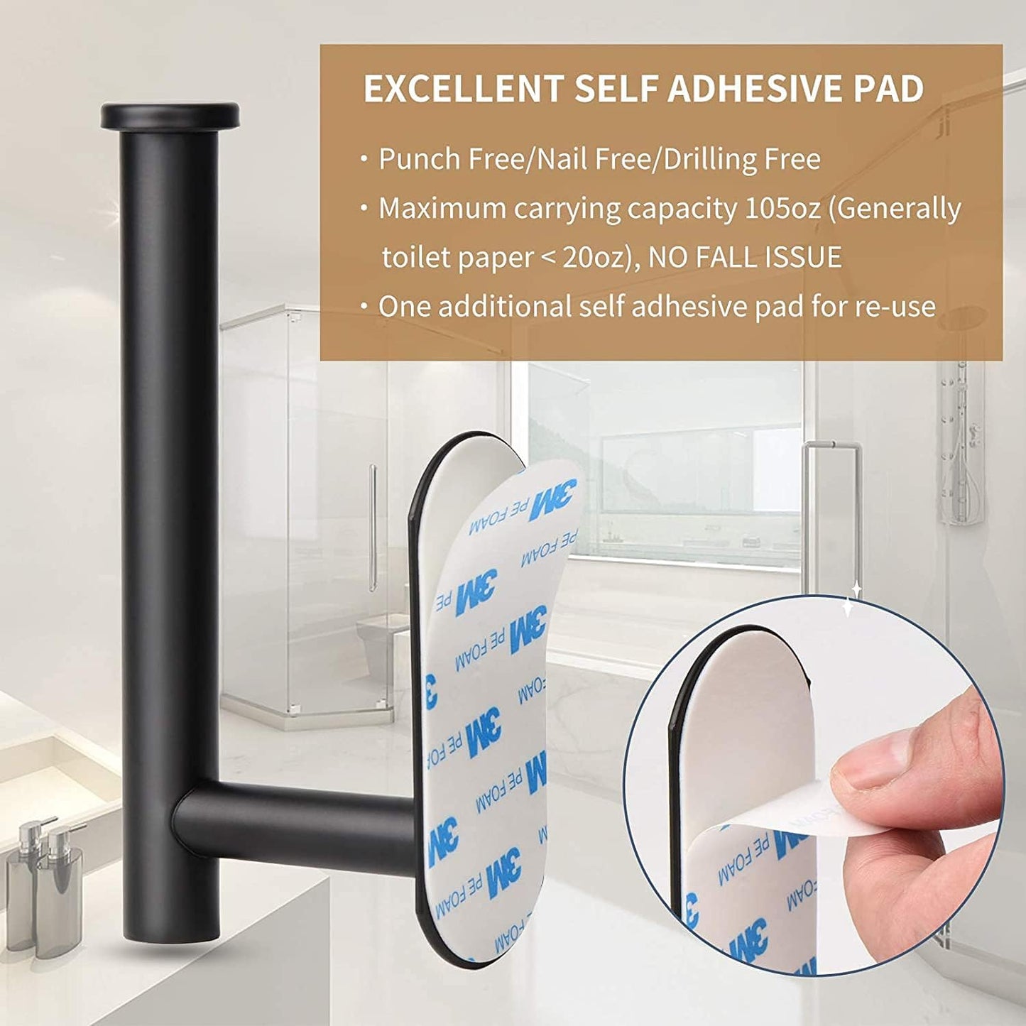 Toilet Paper Holder,Matt Black, Wall Mount,Upgraded Adhesive Toilet Paper Roll Holder,no Drilling,Bathroom/Rv/Washroom, SUS 304 Stainless Steel, Rustproof (Black, 2 Pieces)