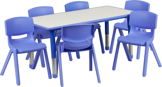 Flash Furniture Emmy Adjustable Classroom Activity Table with 6 Stackable Chairs, Plastic Activity Table for Kids, 23.625" W x 47.25" L, Blue/Gray