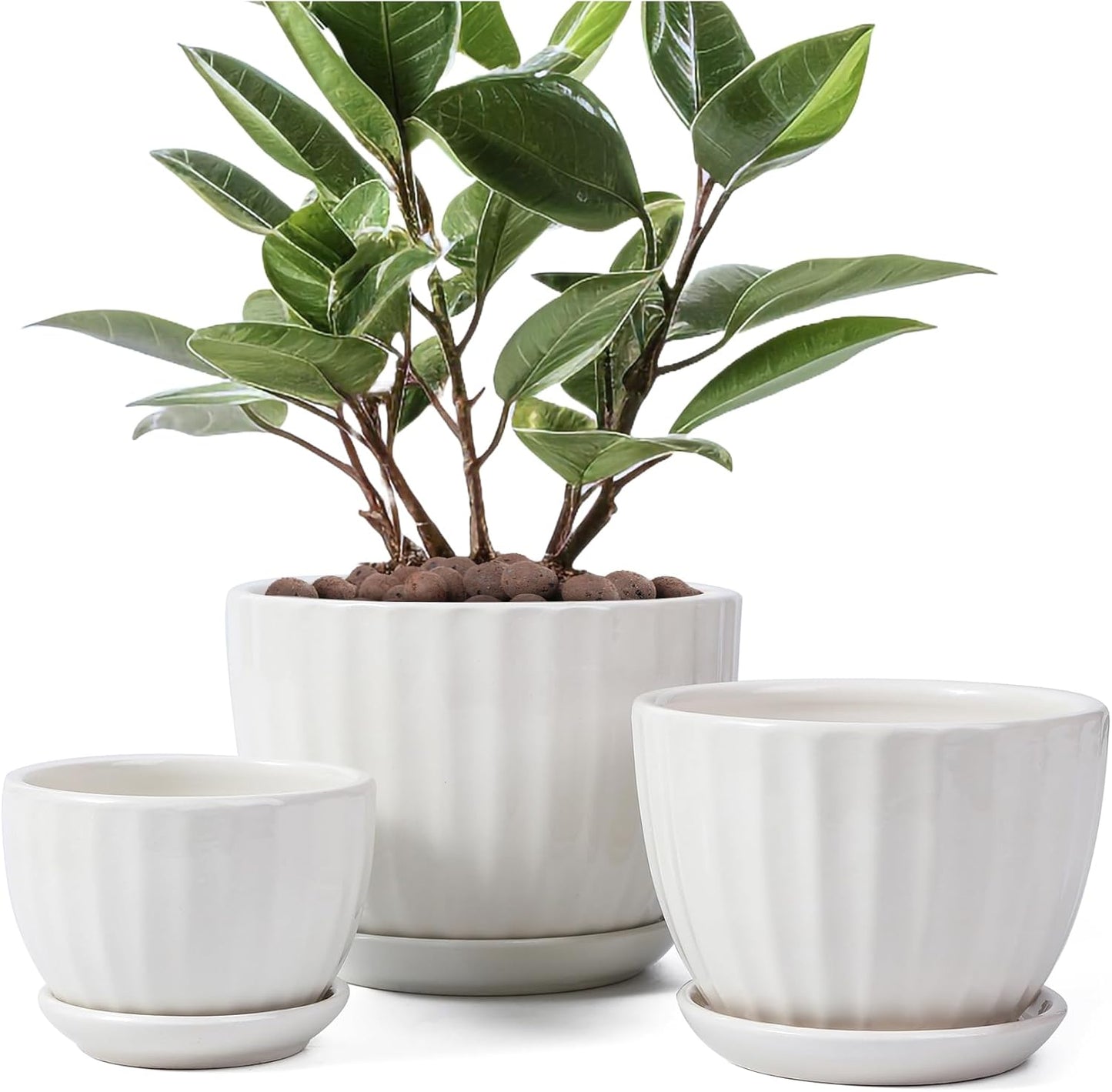 Ceramic Plant Pots with Drainage Holes and Saucers, Round White Flower Pots for Indoor Plant, Diameter 3.3/4.3/5.5 Inches Small Flower Planters Set of 3
