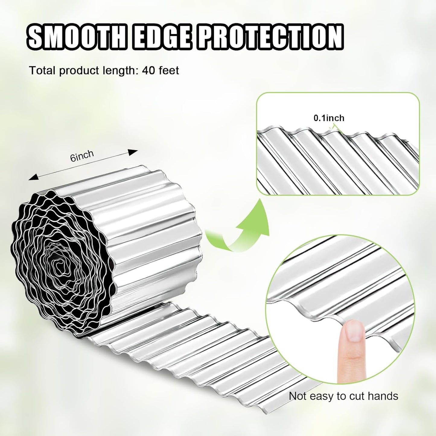 Corrugated Metal Garden Edging - 6 Inch X 40 FT Landscape Edging Border, Flexible Border for Garden Fence, Flower Bed, and Lawn (Silver)