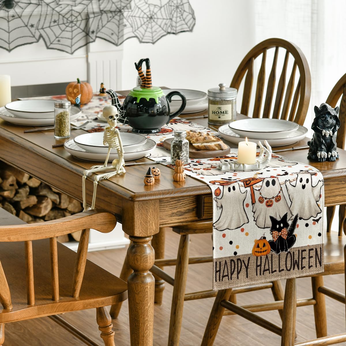 Artoid Mode Beige Ghost Jack-O'-Lantern Black Cat Halloween Table Runner,Holiday Kitchen Dining Table Decoration for Home Party Decor 13 x 48 Inch