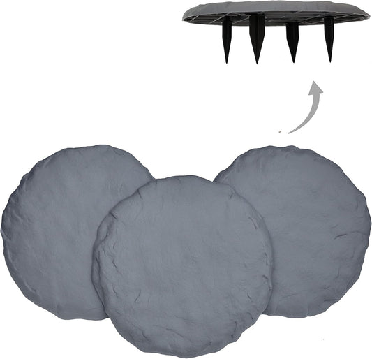 Ei Circular 15.5” Stepping Stones with Ground Stakes - Home or Garden Step Stones for Outdoor Walkway or Pathway Pavers - Resin Material (4, Light Grey Stone)