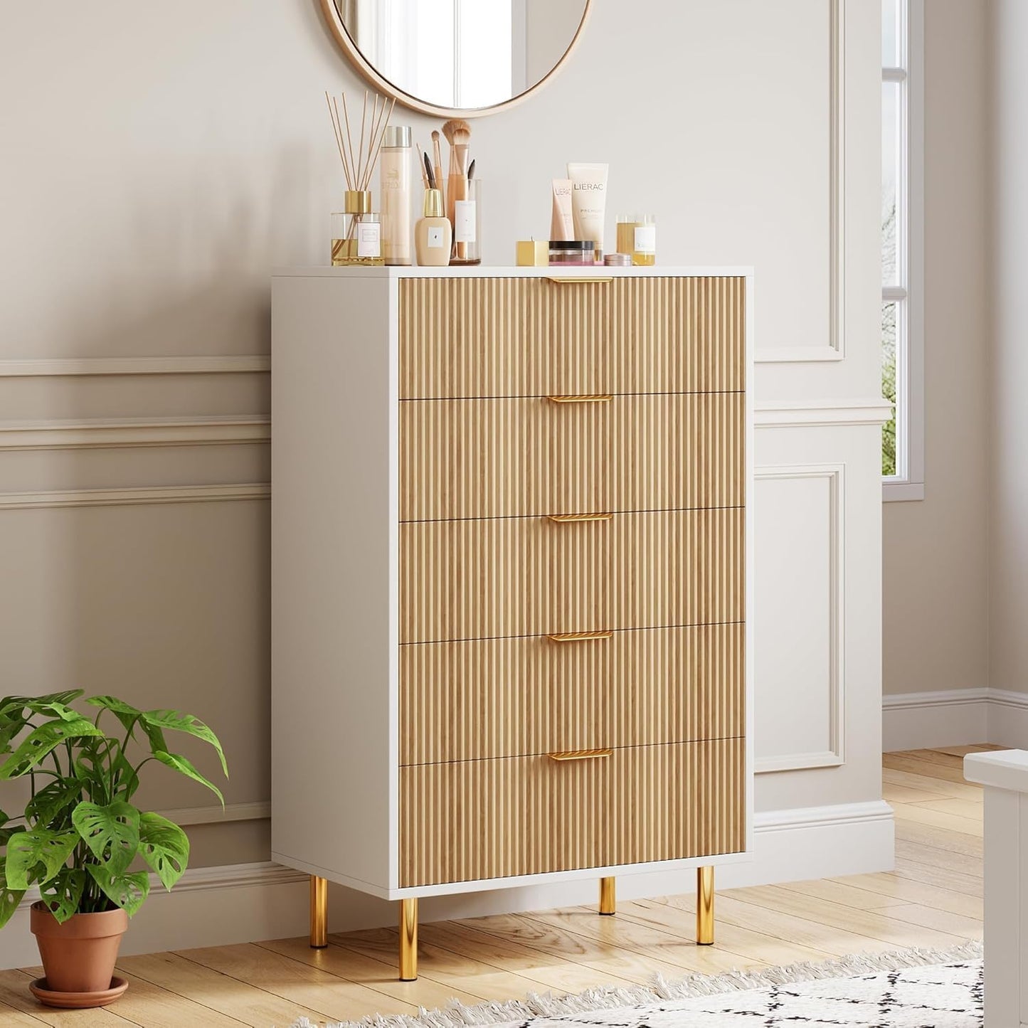 GAOMON 5 Drawer Dresser, Wood Chest of Drawers Organizer Storage with Gold Handle, Tall Storage Cabinet, Modern Design Dresser for Bedroom, Living Room, Closet, Hallway, Entryway, Natural