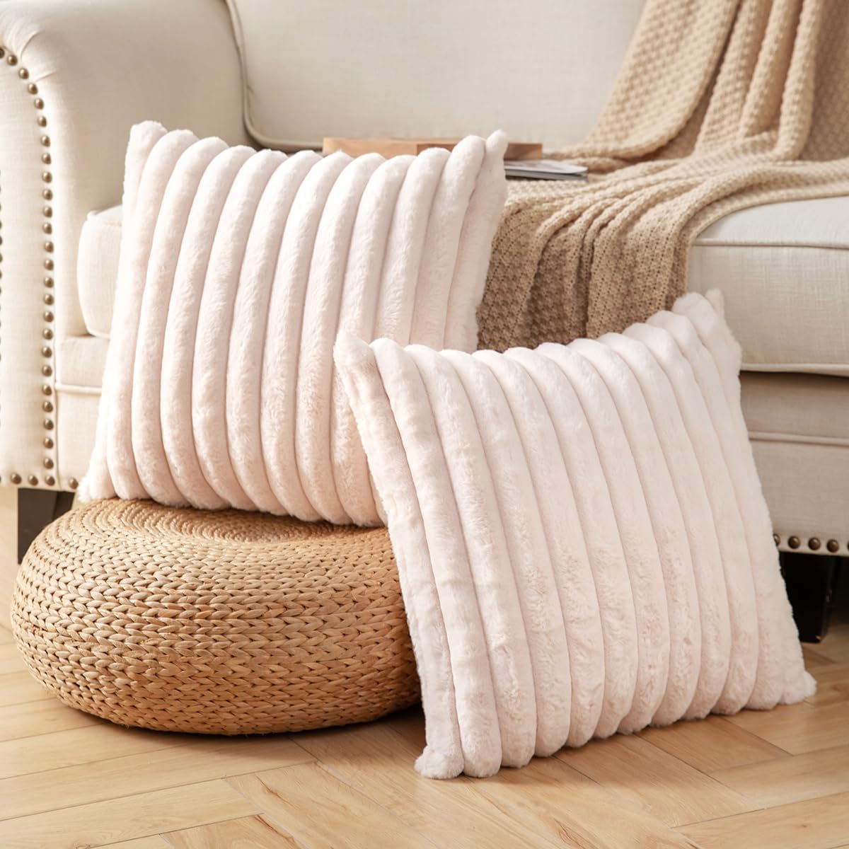 DEELAND Pack of 2,Double-Sided Faux Fur Plush Decorative Throw Pillow Covers Fuzzy Striped Soft Pillowcase Cushion Covers for Sofa Couch Bedroom Beige 18x18 inch