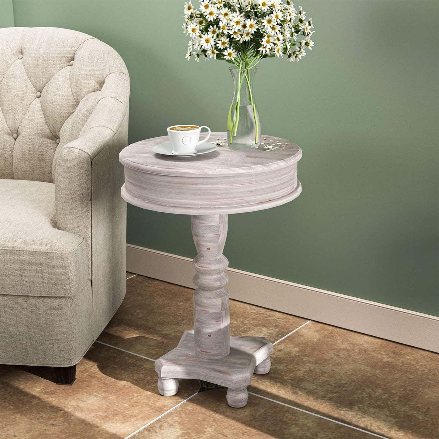 COSIEST Set of 2 Rustic Accent Side Table, Farmhouse Wood Pedestal Table Round End Table for Living Room, Bedroom, Distressed Whitewash Finish, Grey Color