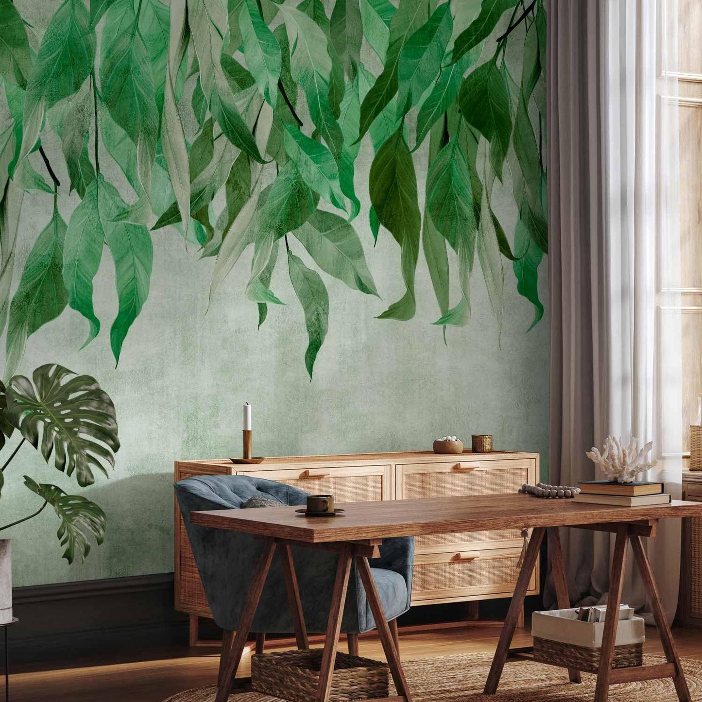 artgeist Premium Wall Mural Hanging Leaves 157x110 in - Non-Woven Wallpaper Fleece Wall Decor Photo Print Picture Image Design Nature Botanical Concrete Green Like Painted b-C-10146-a-a