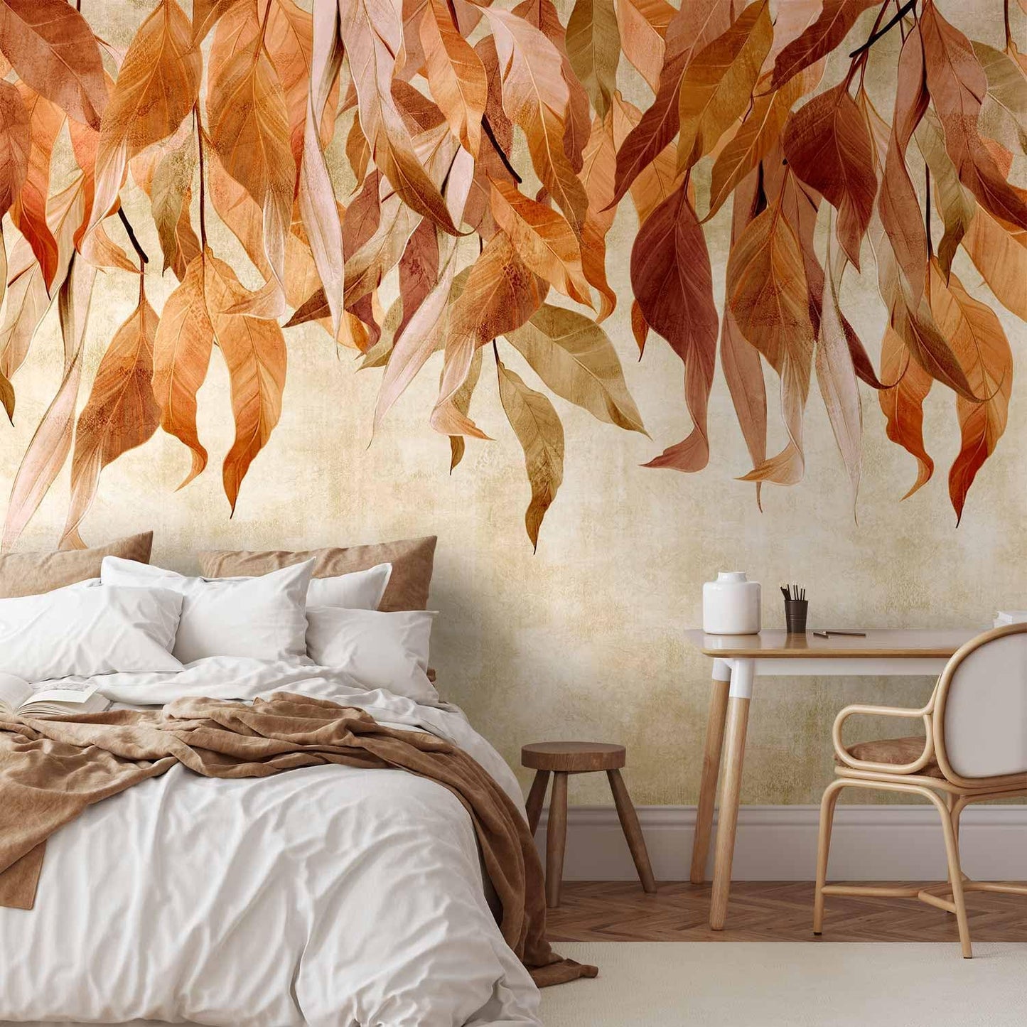 artgeist Wall Mural Hanging Leaves 79x55 in - Non-Woven Wallpaper Fleece Wall Decor Photo Print Picture Image Design Nature Botanical Concrete Orange Beige b-C-10146-a-c