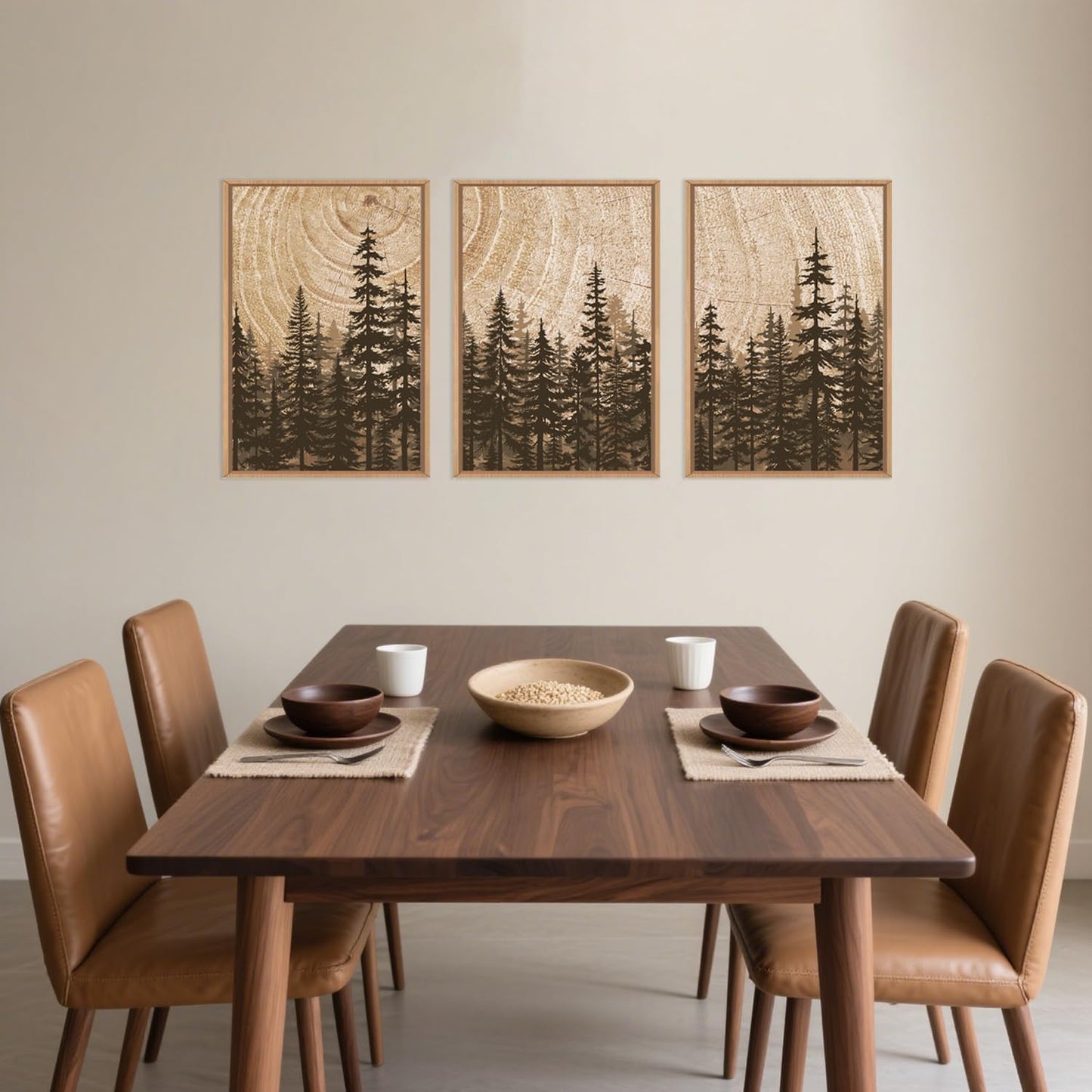 Pine Tree Framed Canvas Wall Art Set, Natural Woodland Landscape Wall Decor, Large Retro Forest Painting, Vintage Brown Artwork for Living Room, Bedroom, Kitchen, Study, Office - 16"x24"x3