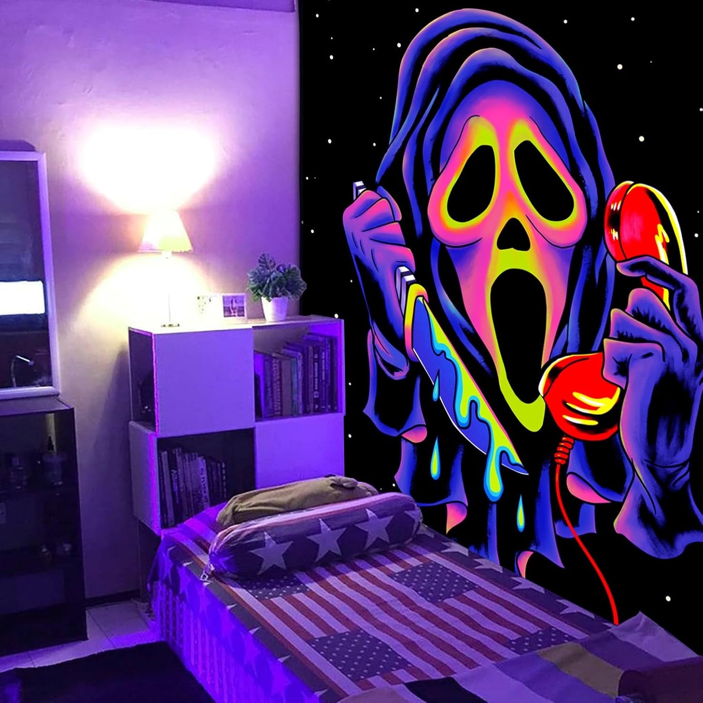 SparkLia Blacklight Horror Skull Tapestry, UV Reactive Neon Scary Face Wall Hanging, Glow in the Dark Spooky Decor for Bedroom, Gaming Room & Party - 51 x 59 inches