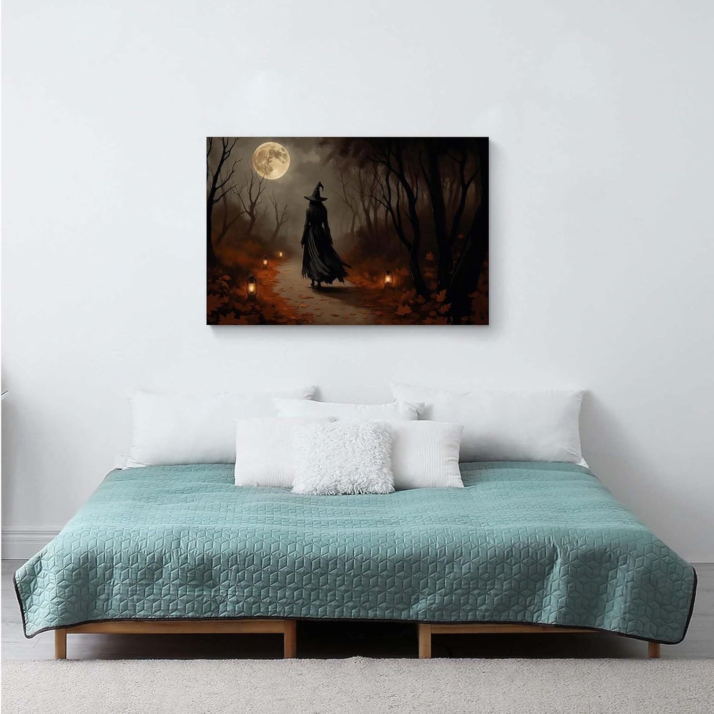 JFHCQJPK Moonlight witch poster dim lantern Halloween decoration Gothic style dark retro college style canvas wall art suitable for living room bedroom12x16in Frameless